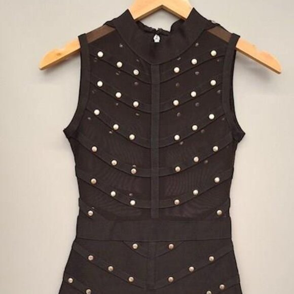 NWT Black Bandage Bodycon Sheer Mesh Mini Dress with Gold Studs - Picture 3 of 11
